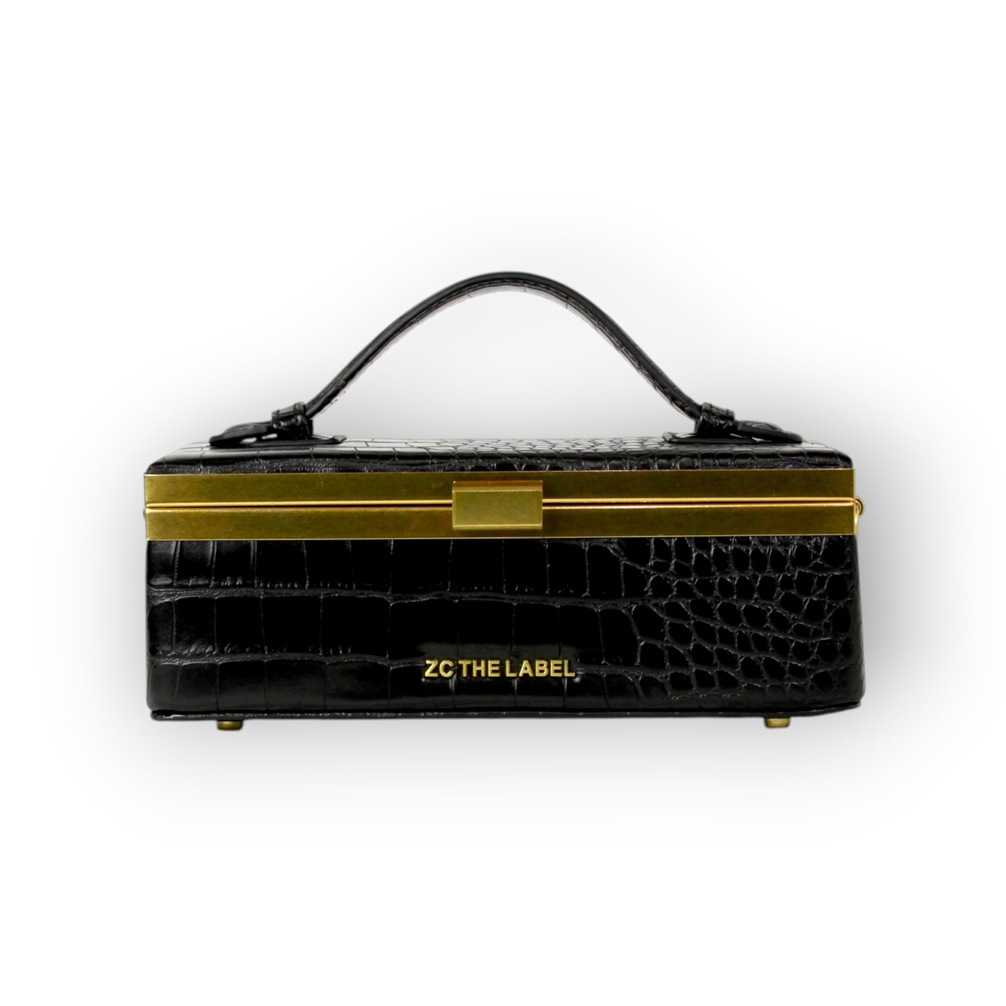 Zuri top handle mini bag with gold clasp in Matte Black Croc – ZC