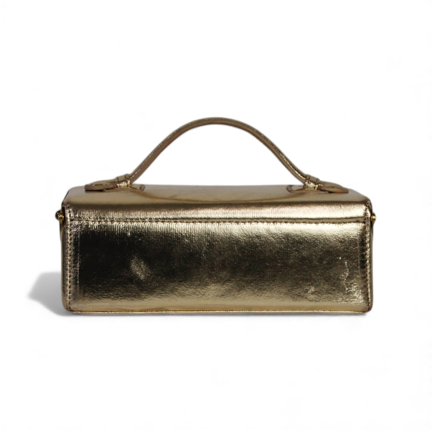 RESTOCKING SOON - Zuri Top Handle Mini Soft Trunk Box Bag with Gold Clasp in Metallic Gold