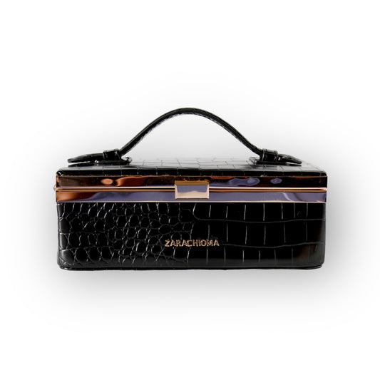 Zuri top handle mini bag with gold clasp in Matte Black Croc