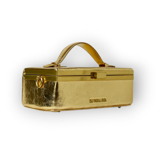 Zuri Top Handle Mini Soft Trunk Box Bag with Gold Clasp in Metallic Gold
