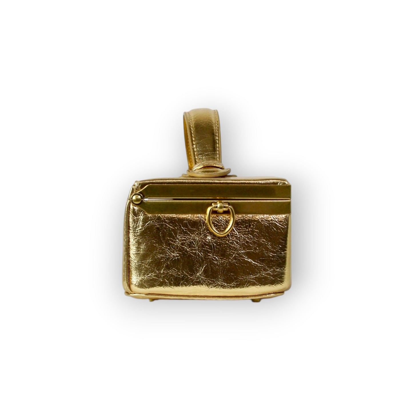 Zuri Top Handle Mini Soft Trunk Box Bag with Gold Clasp in Metallic Gold