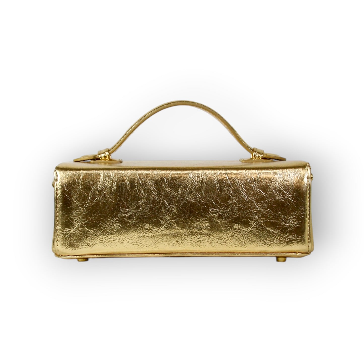 Zuri Top Handle Mini Soft Trunk Box Bag with Gold Clasp in Metallic Gold