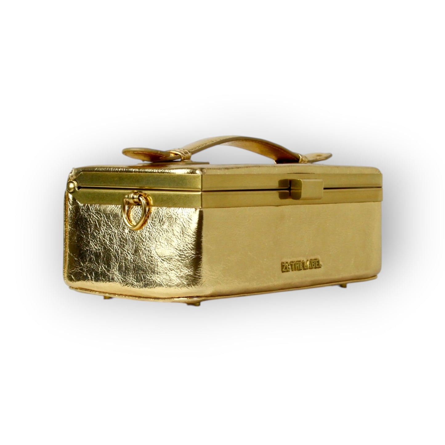 Zuri Top Handle Mini Soft Trunk Box Bag with Gold Clasp in Metallic Gold