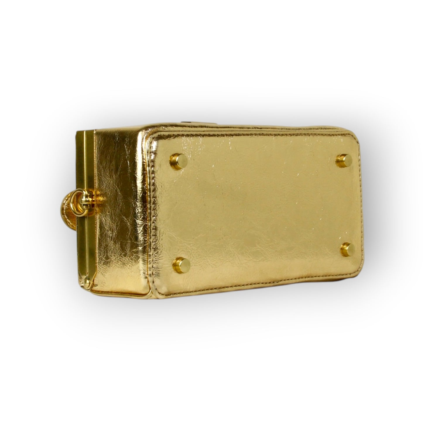 Zuri Top Handle Mini Soft Trunk Box Bag with Gold Clasp in Metallic Gold