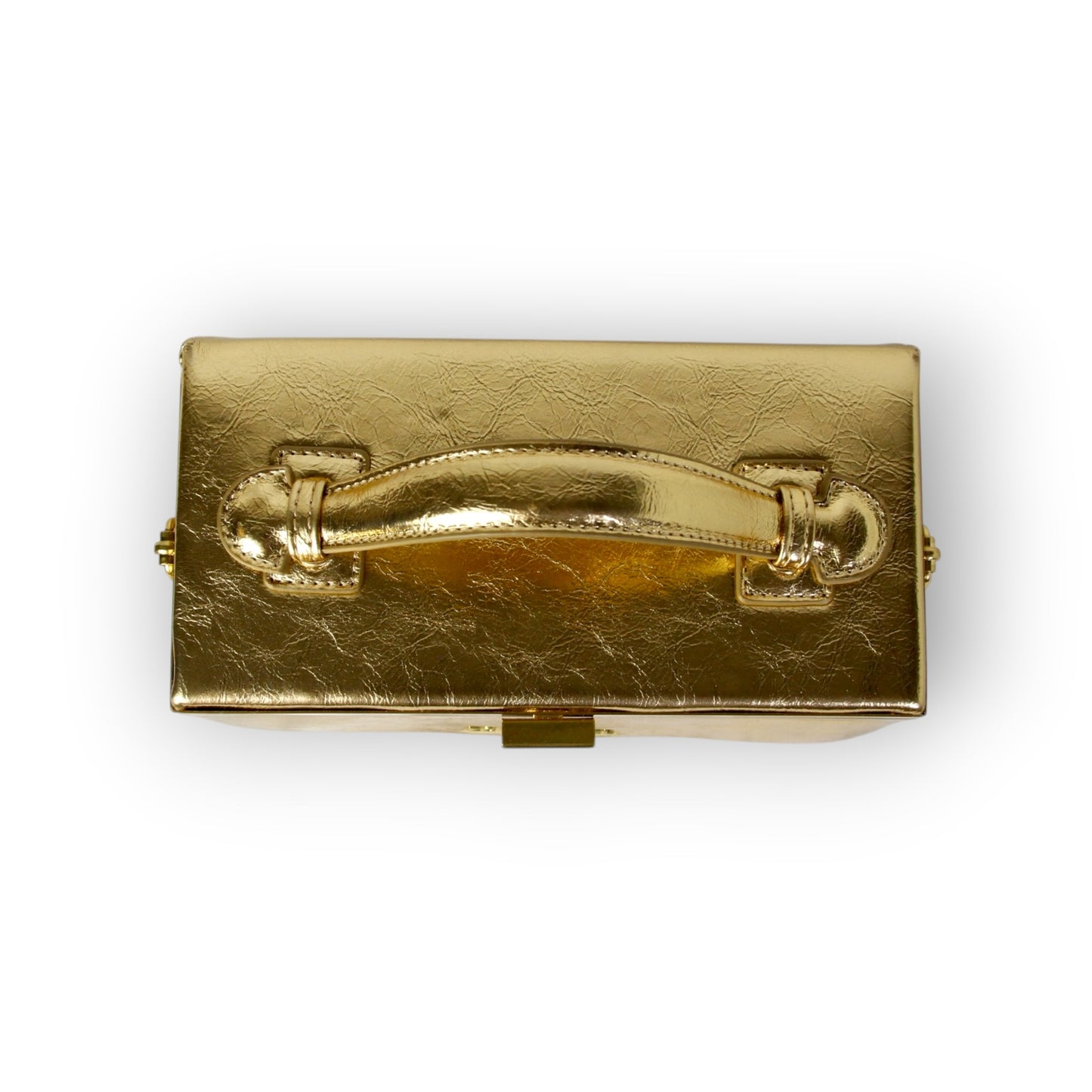 Zuri Top Handle Mini Soft Trunk Box Bag with Gold Clasp in Metallic Gold