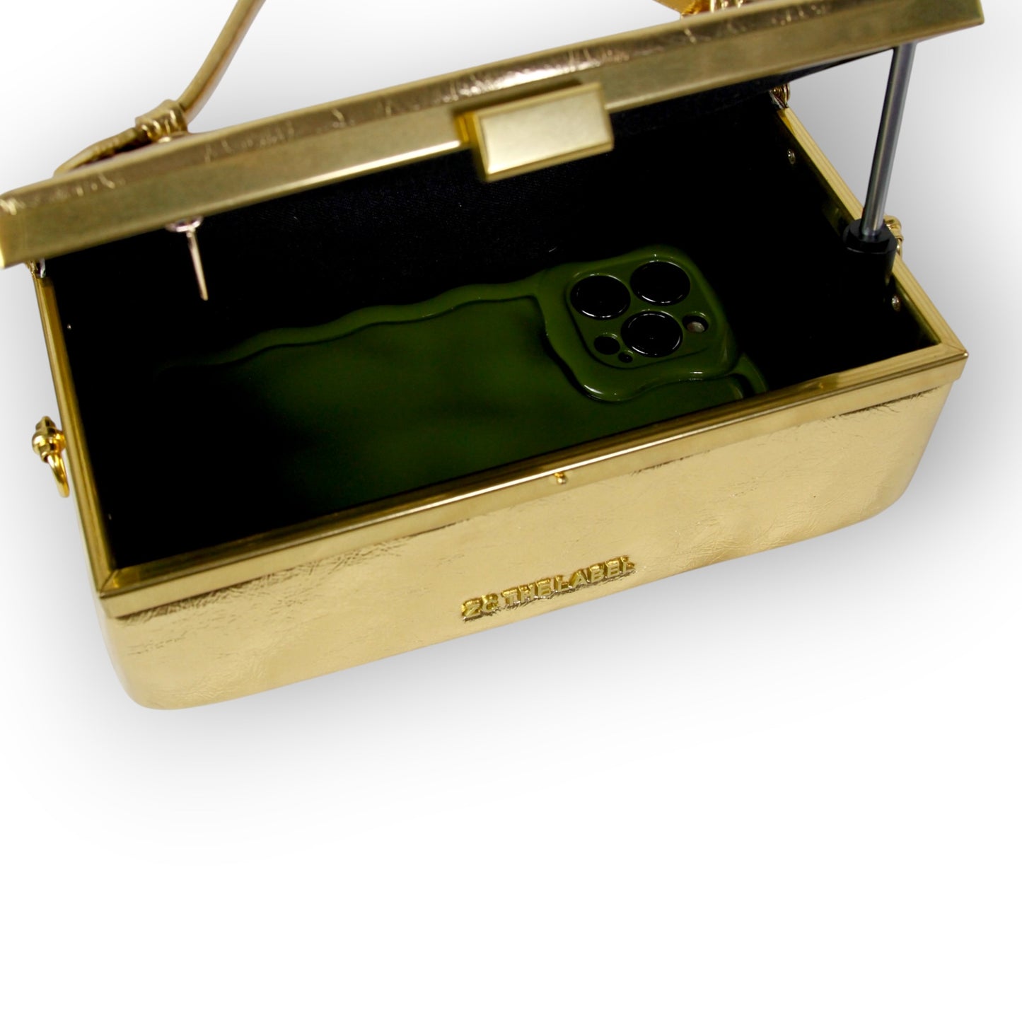 Zuri Top Handle Mini Soft Trunk Box Bag with Gold Clasp in Metallic Gold