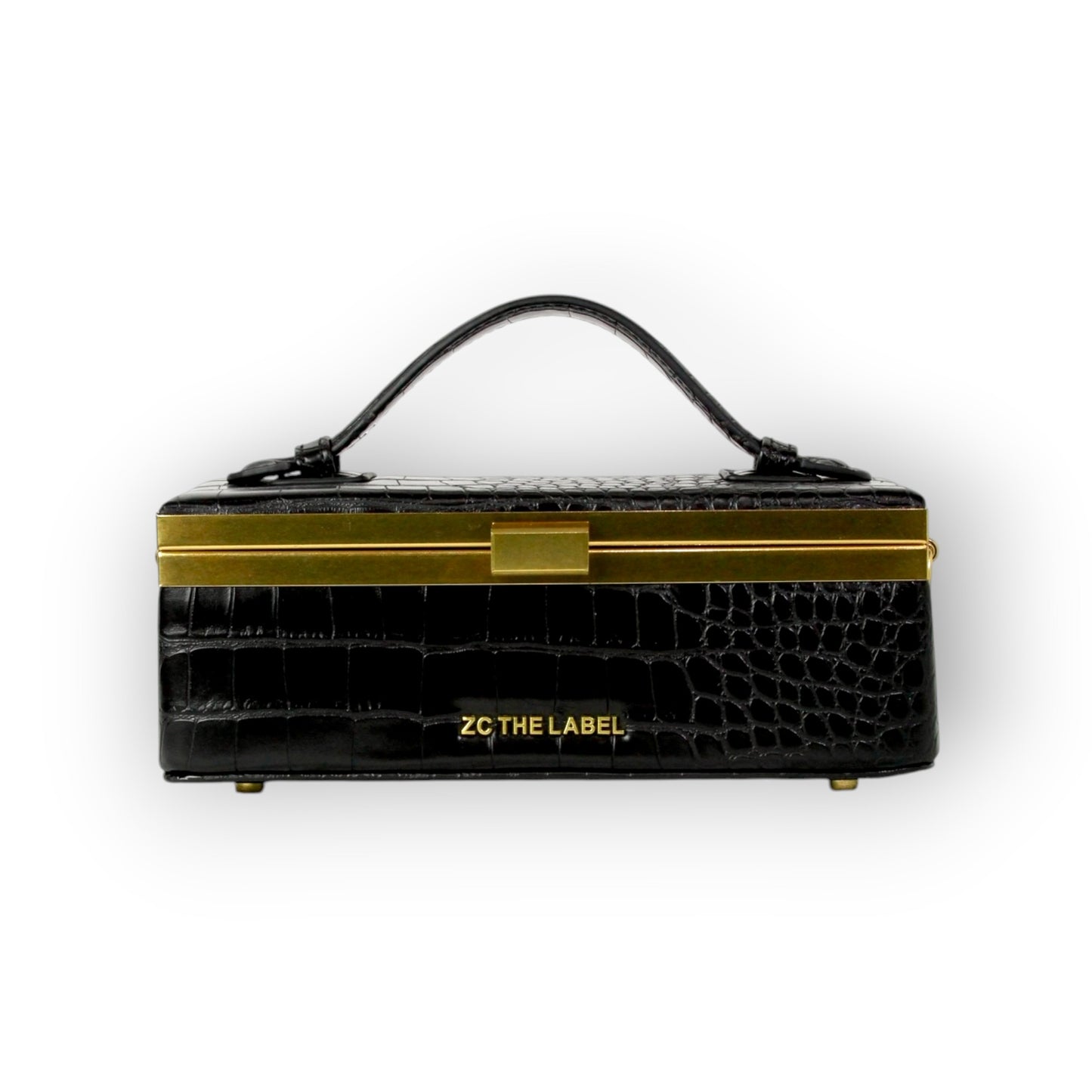 Zuri top handle mini bag with gold clasp in Matte Black Croc