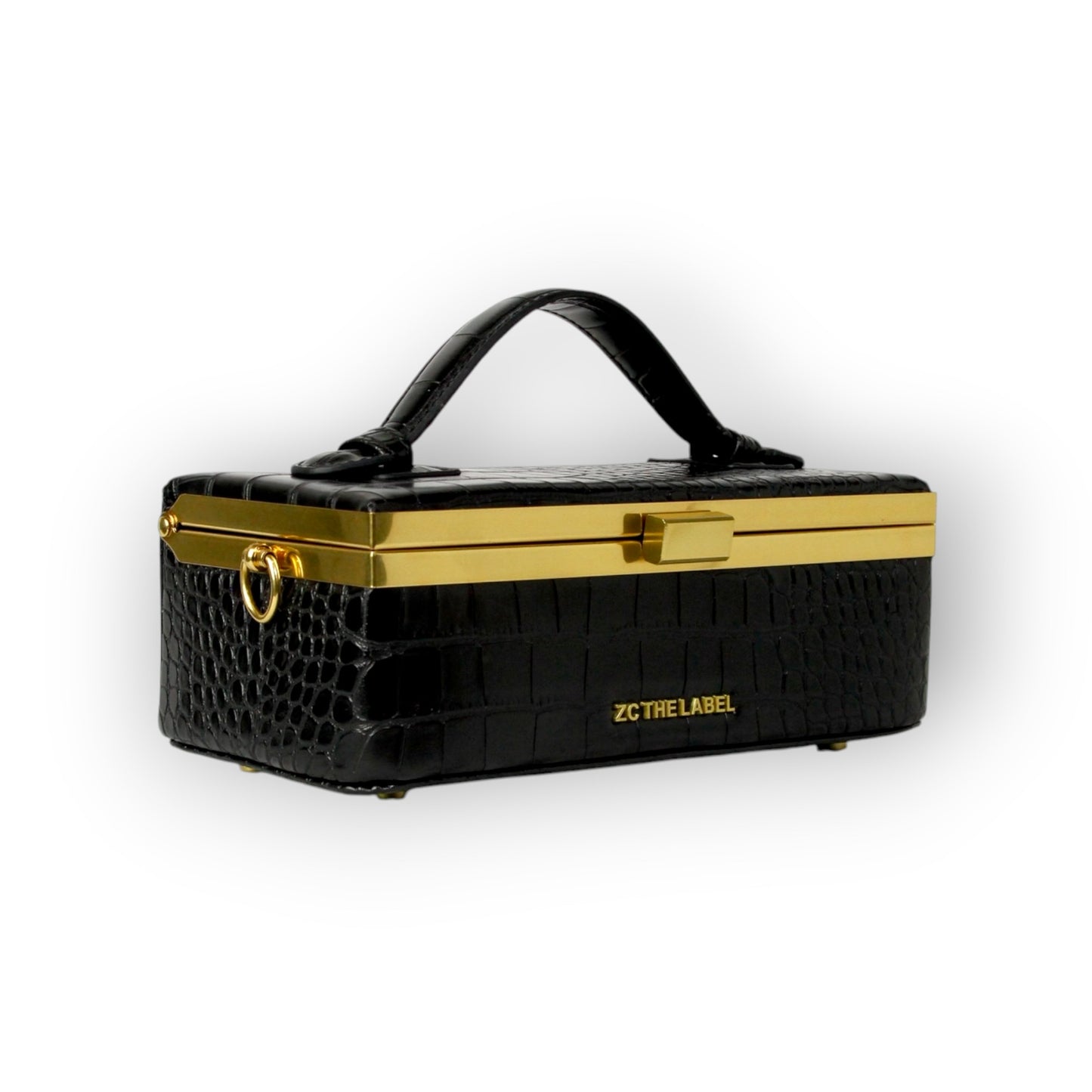 Zuri top handle mini bag with gold clasp in Matte Black Croc