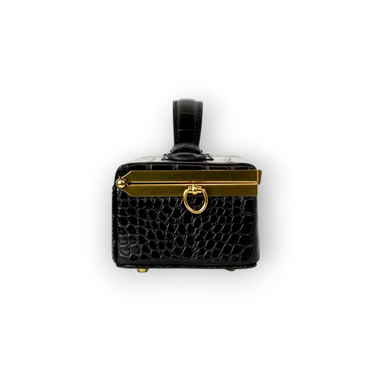 Zuri top handle mini bag with gold clasp in Matte Black Croc