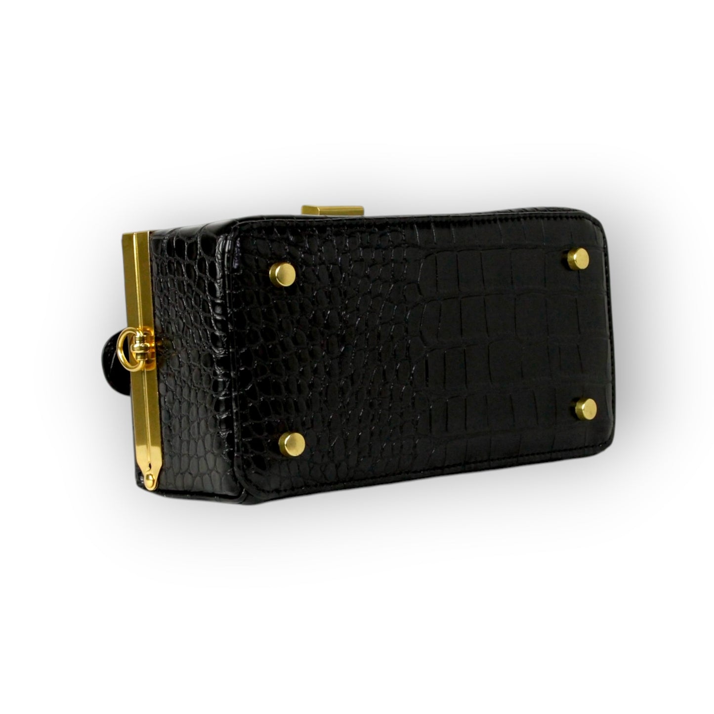 Zuri top handle mini bag with gold clasp in Matte Black Croc