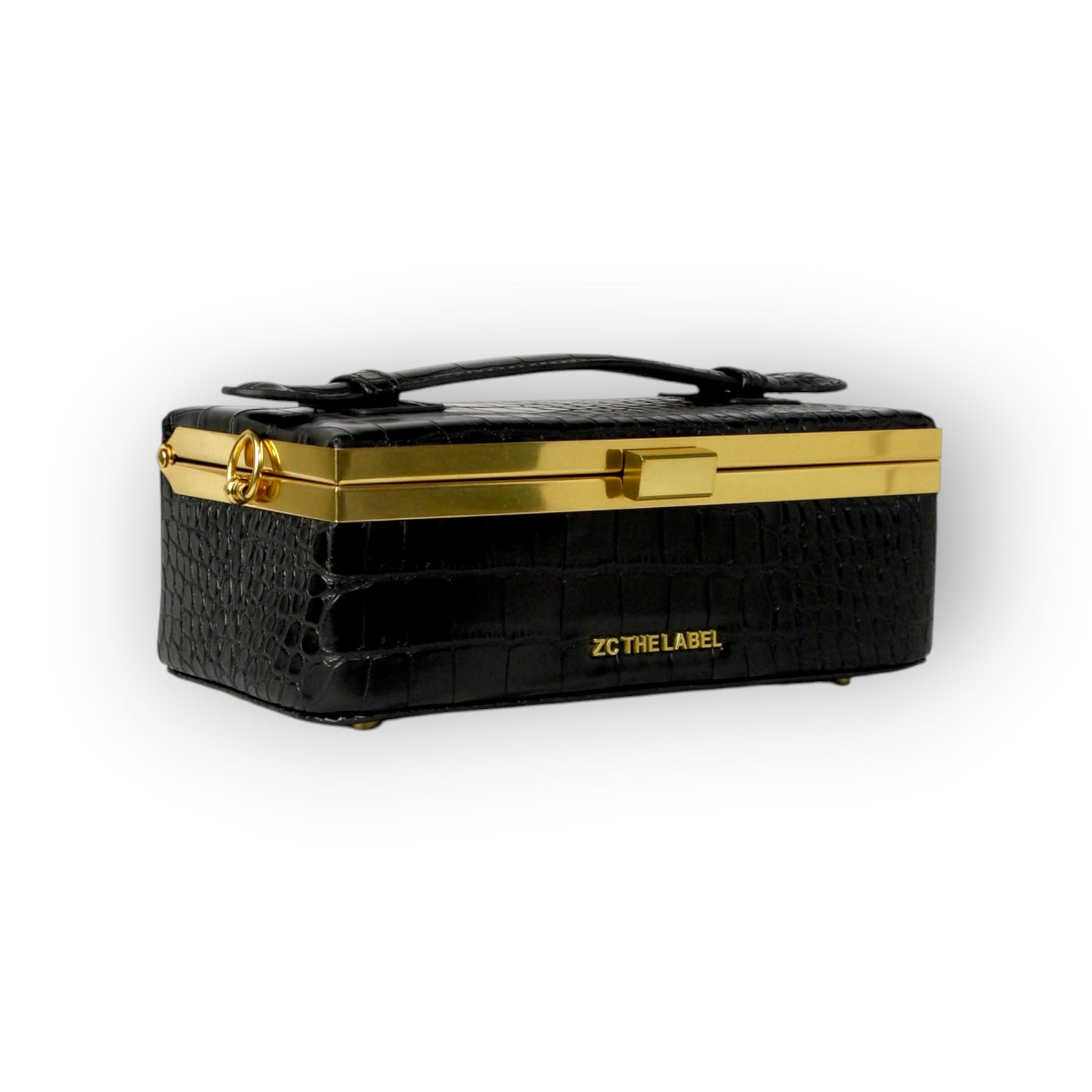 Zuri top handle mini bag with gold clasp in Matte Black Croc