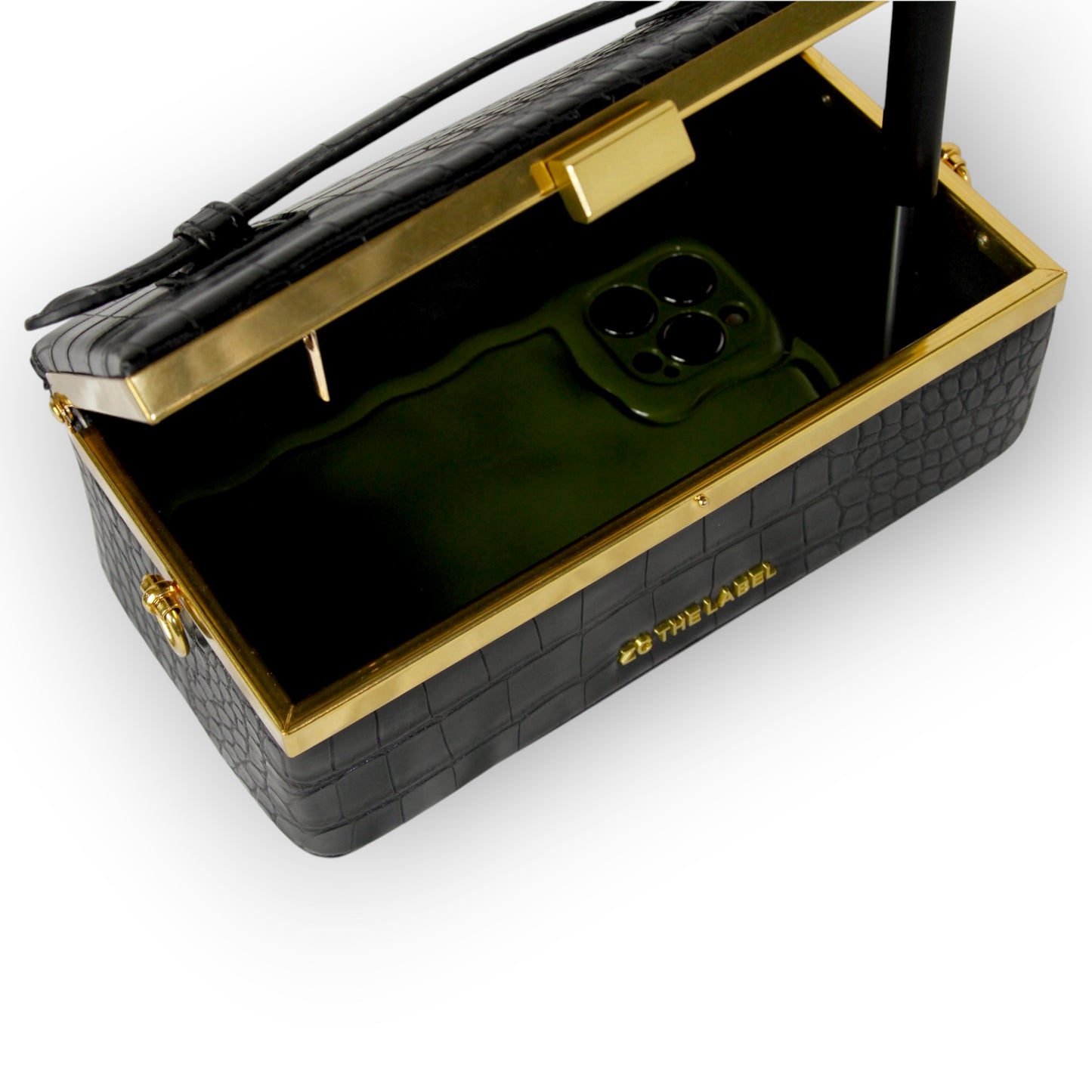Zuri top handle mini bag with gold clasp in Matte Black Croc