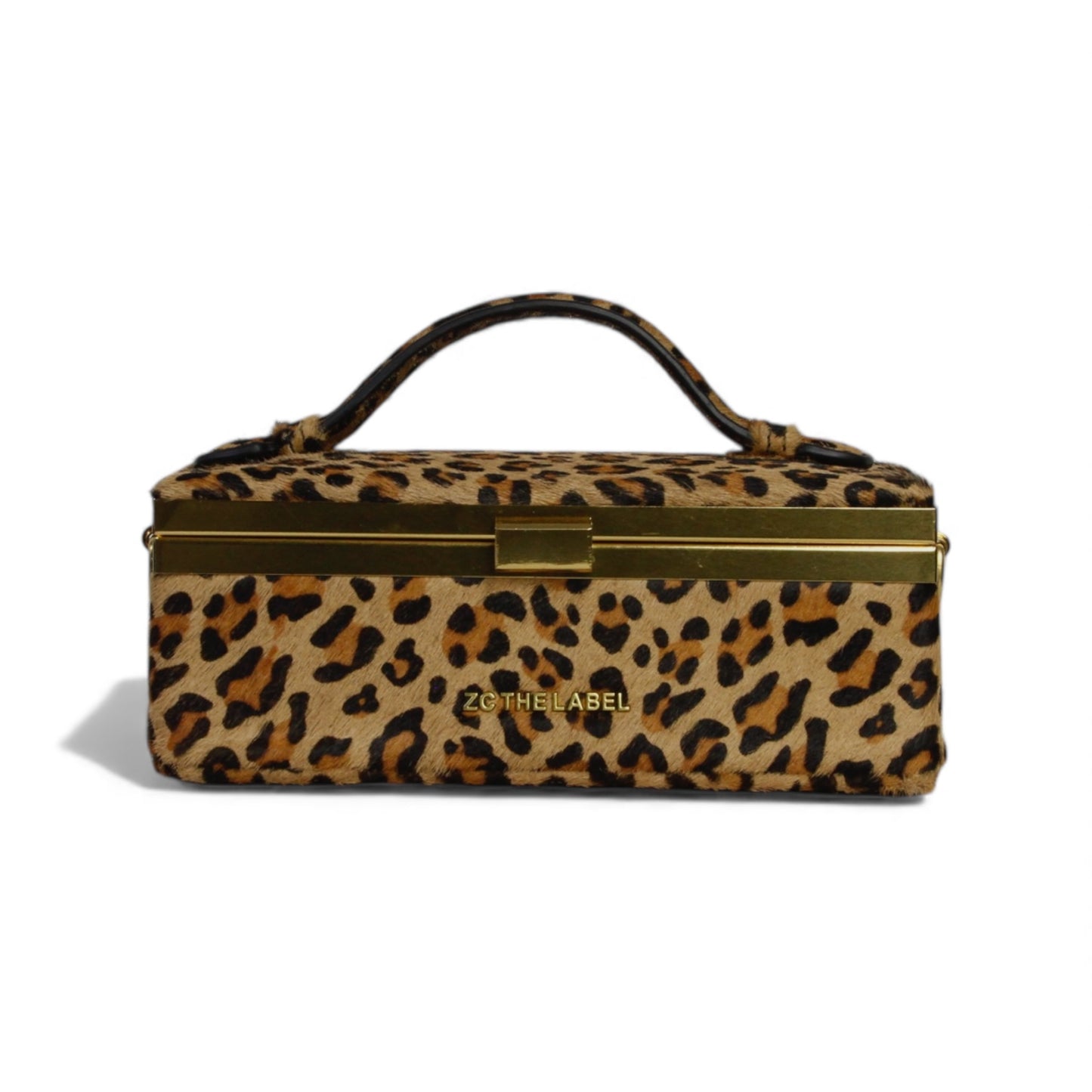 Zuri Top Handle Mini Soft Trunk Box Bag with Gold Clasp in Leopard Print Genuine Pony Hair
