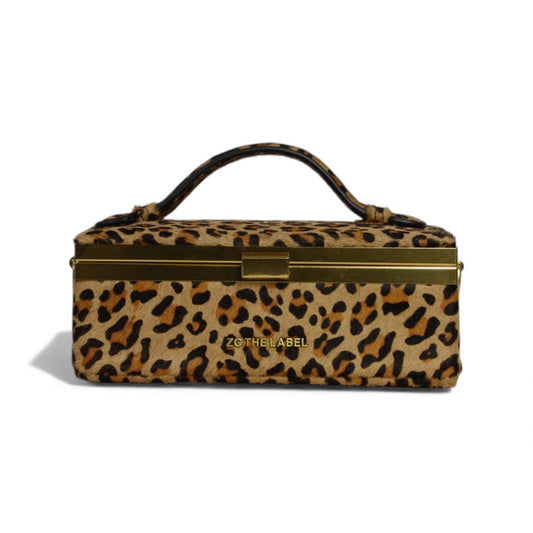 Zuri Top Handle Mini Trunk Box Bag with Gold Clasp in Leopard Print Genuine Pony Hair