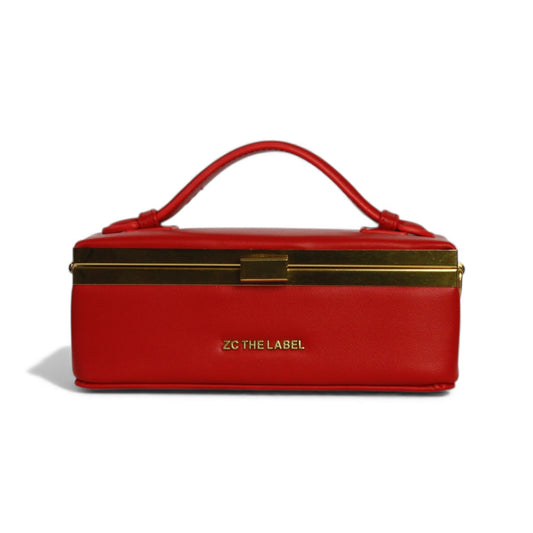 Zuri Top Handle Mini Trunk Box Bag with Gold Clasp in Lipstick Red
