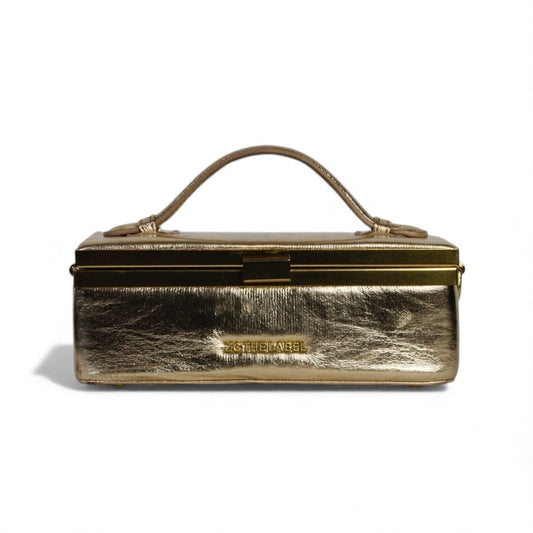 Zuri Top Handle Mini Trunk Box Bag with Gold Clasp in Metallic Gold