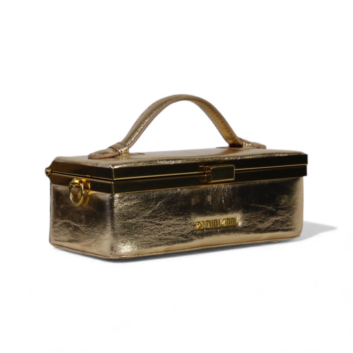 RESTOCKING SOON - Zuri Top Handle Mini Soft Trunk Box Bag with Gold Clasp in Metallic Gold