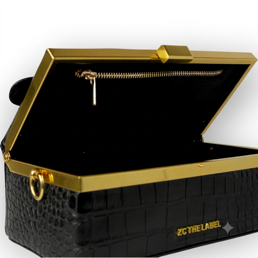 Zuri top handle mini bag with gold clasp in Matte Black Croc