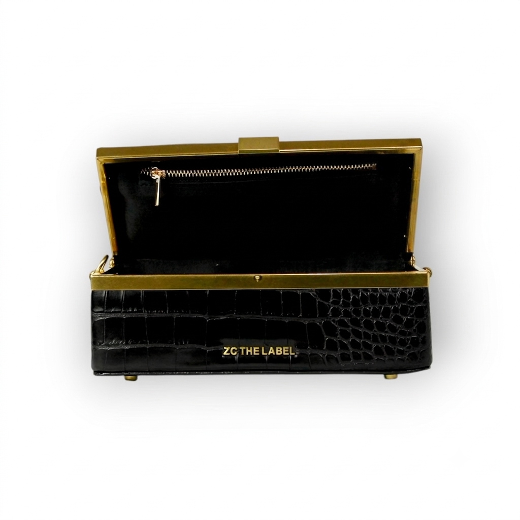 Zuri top handle mini bag with gold clasp in Matte Black Croc