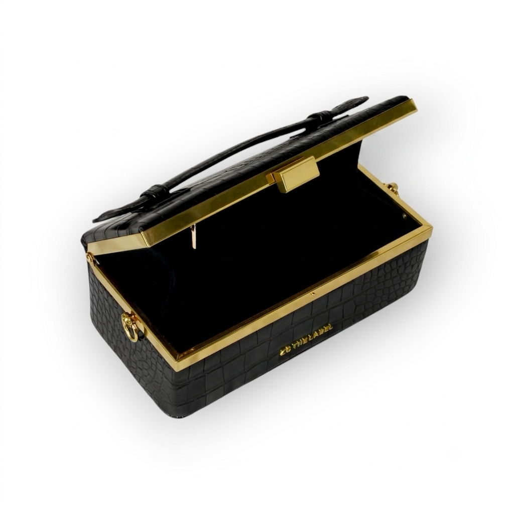 Zuri top handle mini bag with gold clasp in Matte Black Croc