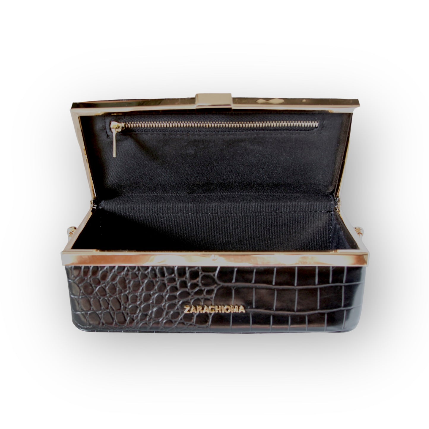 Zuri top handle mini bag with gold clasp in Matte Black Croc