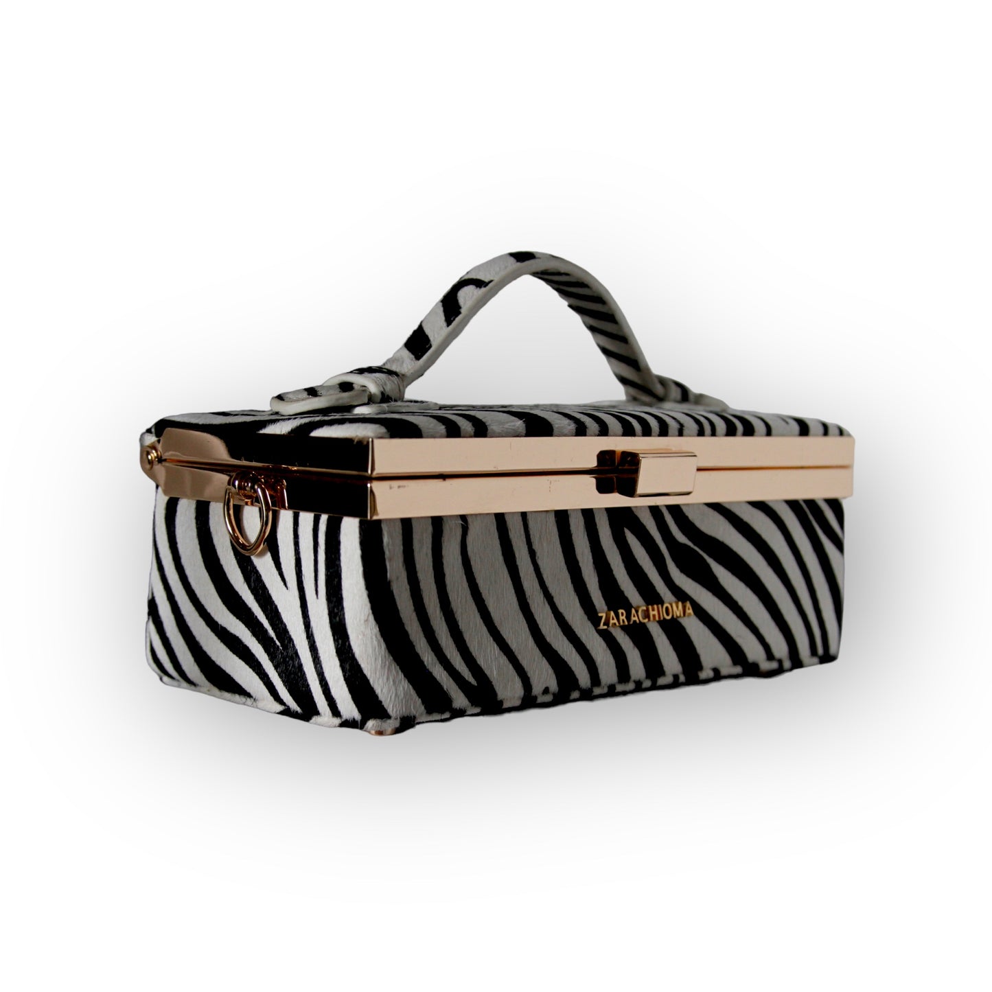 Zuri top handle mini bag with gold clasp in Zebra print genuine Pony Hair