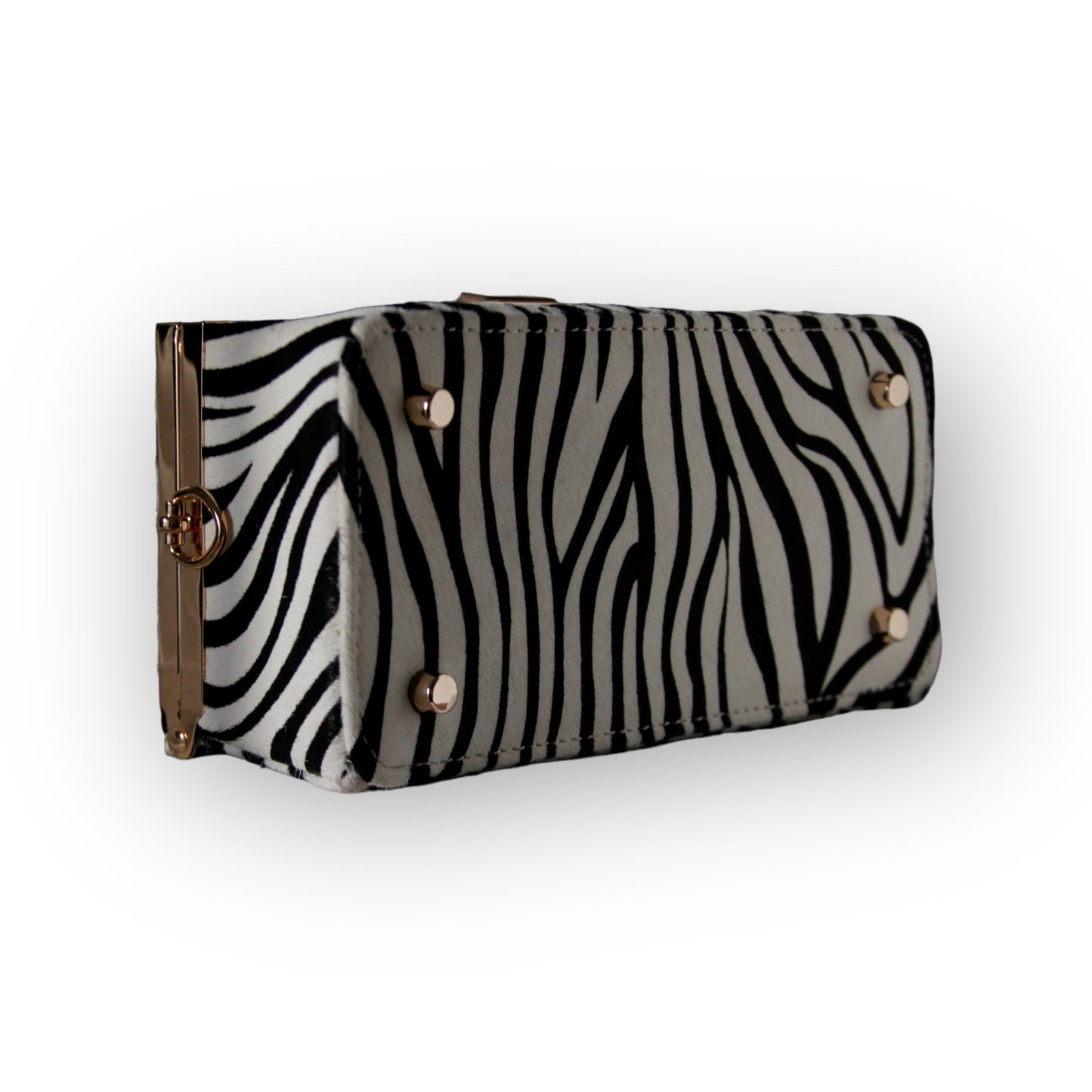Zuri top handle mini bag with gold clasp in Zebra print genuine Pony Hair